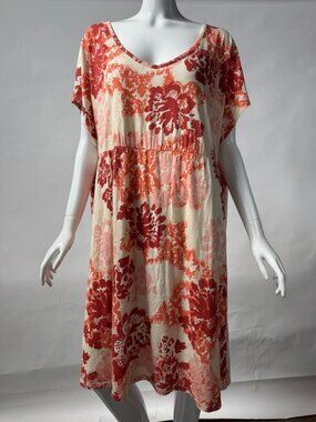 Floral Print Midi Dress By Sonoma Life + Style Womens 2X Cream & Red Cotton/Moda